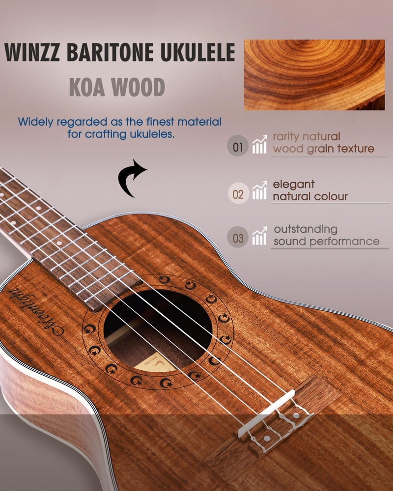 Winzz Baritone Ukulele 30 Inch for Beginners, KOA Ukelele Kit for Starter or Professional Best Selection Wood - Natural Matte - Image 4
